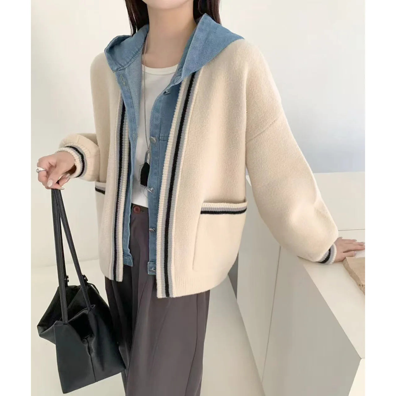 Cool Long Style Denim Pack Knitted Cardigan Sweaters