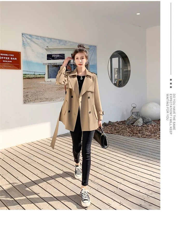 Womens Korean Style Long Khaki Red Trench Coat