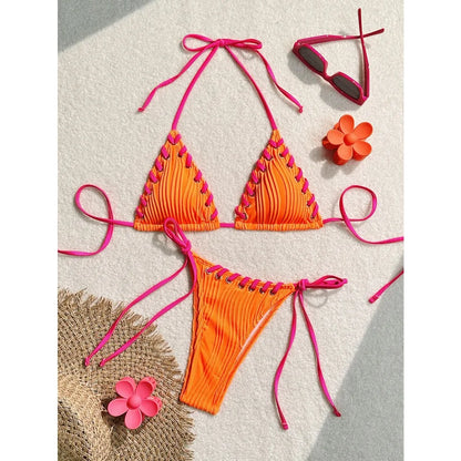 Minimalist Cream Lace-Up Plisse Bikini Aesthetic