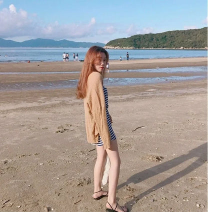 Korean Cropped Knit Cardigan – Hollow Summer Sweater for Women