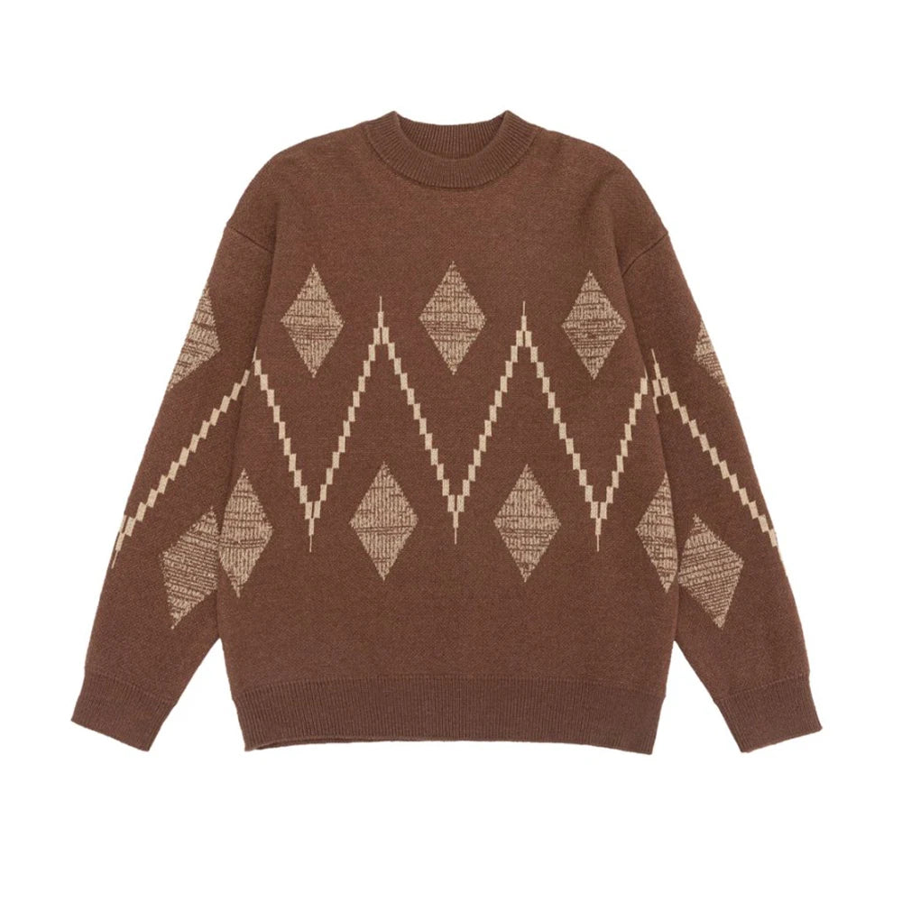 Minimalist Streetwear: Men's Oversized Argyle Geometric Knit Sweater