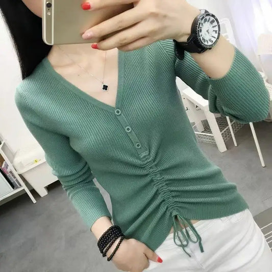 Women Drawstring V Neck Thin Sweaters