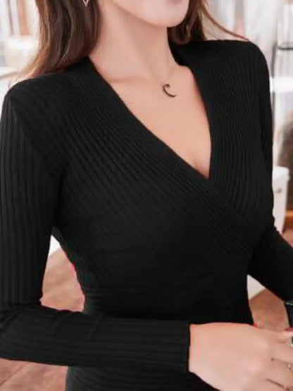 Korean Women S Sexy Deep V Neck Short Sweater Slim Pullover Elastic Cotton Bottoming Top For Women