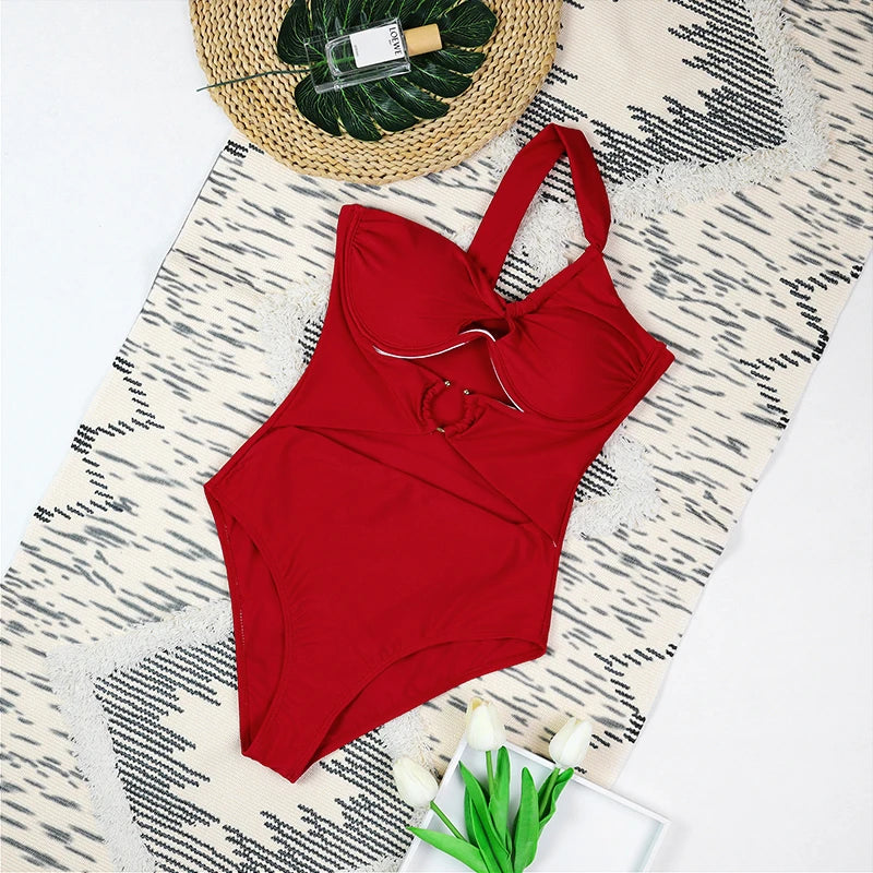 2025 One Shoulder High Waist Bikini Solid Color Padded Swimsuit For Women Trendy Summer Beachwear