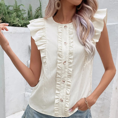 Elegant Ruffles Button Sleeveless Chic O-Neck T-Shirts