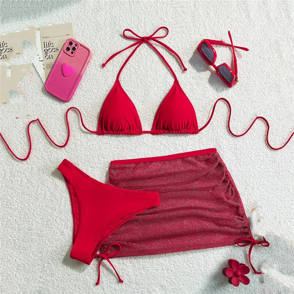 Chocolate Brown Bikini and Mesh Skirt Set Aesthetic