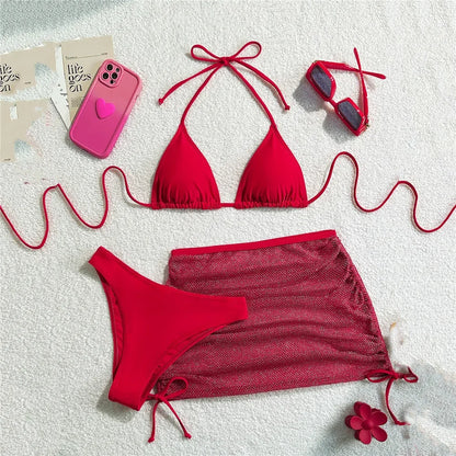 Chocolate Brown Bikini and Mesh Skirt Set Aesthetic
