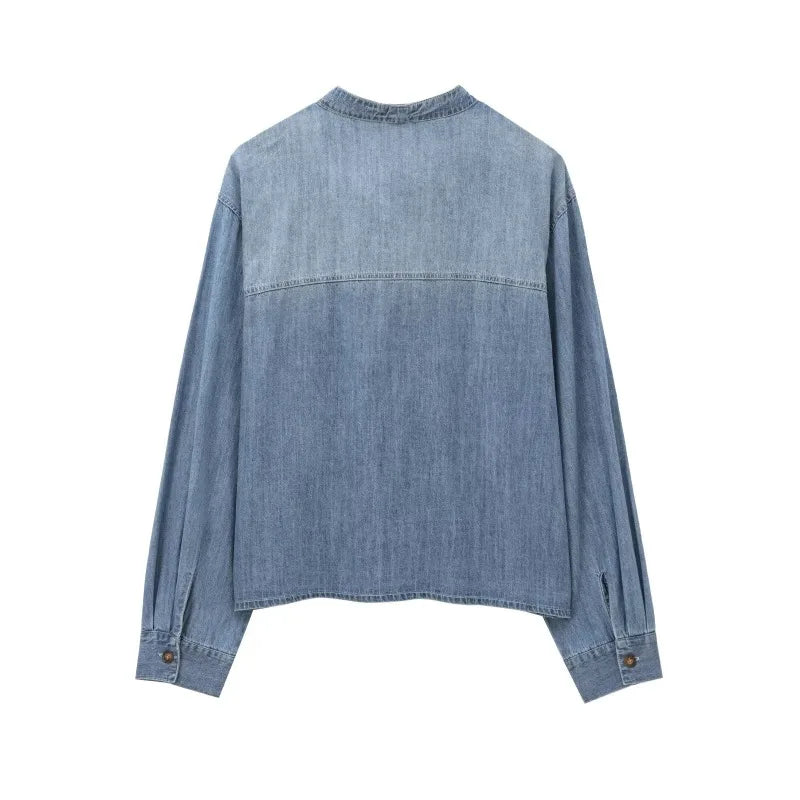 Trendy Imitation Denim Blouse For Women Long Puff Sleeves Bow Embellished High Neck Shirt