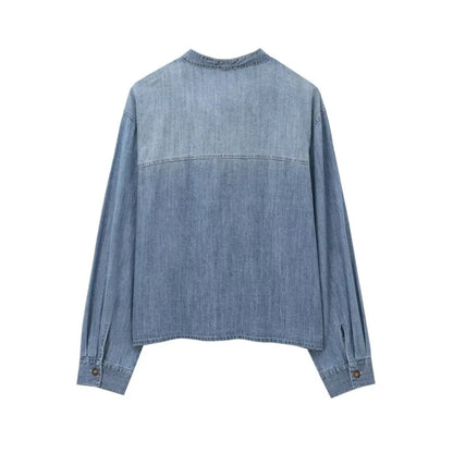 Trendy Imitation Denim Blouse For Women Long Puff Sleeves Bow Embellished High Neck Shirt