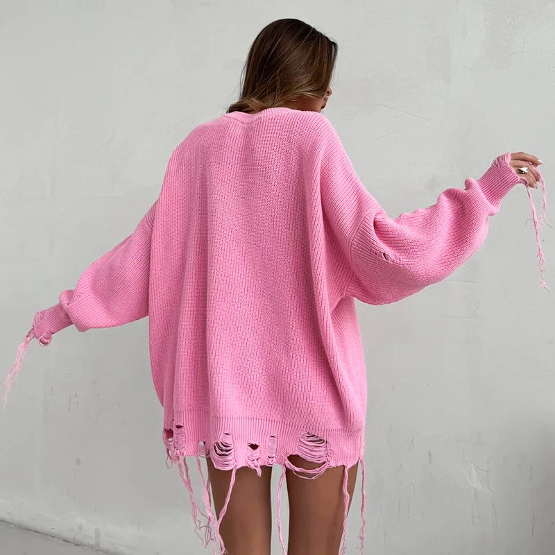 2025 Women's Pink Woolen Short Dress – Casual Loose Long Sleeve Round Neck Summer Fashion