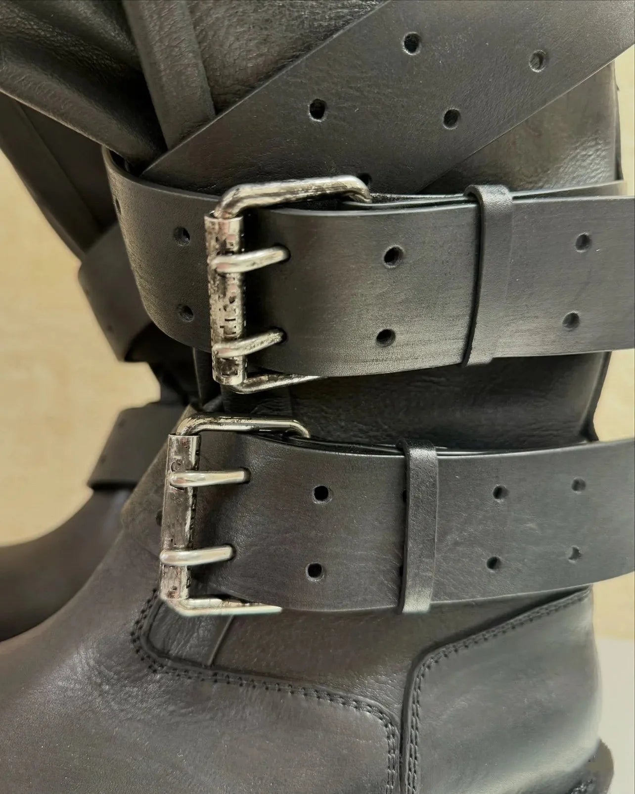 Womens Knee High Buckle Strap Boots Retro Pu Leather Rivet Thick Heel Motorcycle Boots