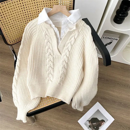 Chic Autumn Style Fake Two Pieces Long Sleeve V Neck Sweaters