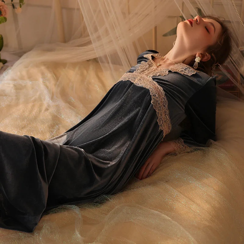 Womens Velvet Pajama Set Elegant Lace Nightgown Long Sleeve Robe For Cozy Winter Nights