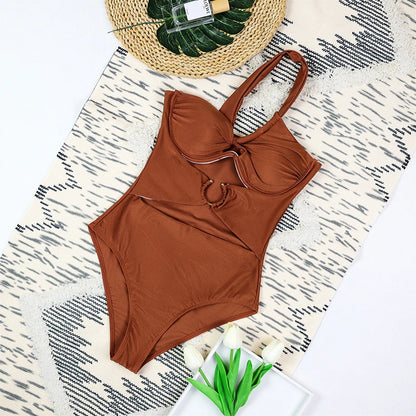 2025 One Shoulder High Waist Bikini Solid Color Padded Swimsuit For Women Trendy Summer Beachwear