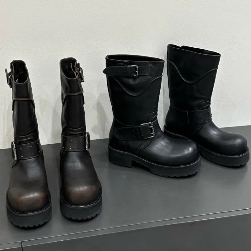 Womens Knee High Buckle Strap Boots Retro Pu Leather Rivet Thick Heel Motorcycle Boots