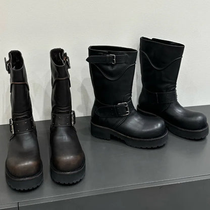 Womens Knee High Buckle Strap Boots Retro Pu Leather Rivet Thick Heel Motorcycle Boots