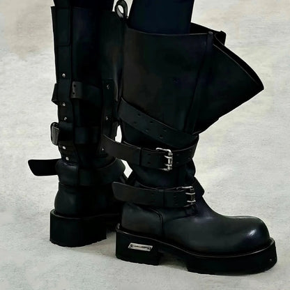 Womens Knee High Buckle Strap Boots Retro Pu Leather Rivet Thick Heel Motorcycle Boots