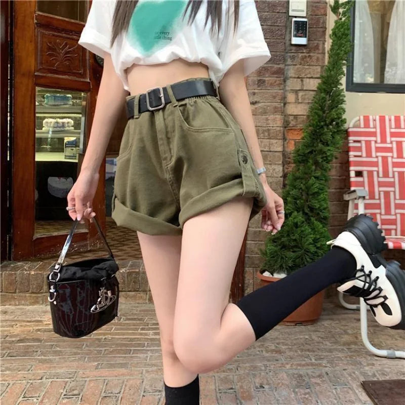 Casual Outing: High-Waisted Khaki Green Denim Shorts