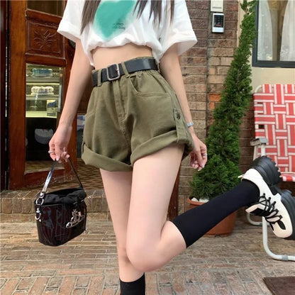 Casual Outing: High-Waisted Khaki Green Denim Shorts
