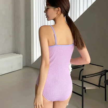 Lavender Textured Ribbed One-Piece Swimsuit Aesthetic