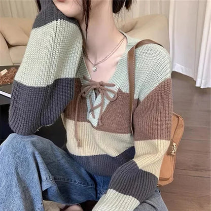 2025 Women's Stripe Knitted Sweater – Long Sleeve V-Neck Cropped Top, Loose-Fit Spring Versatile Warm Knit