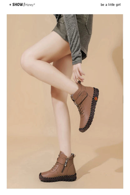 Person wearing brown boots on a beige background with 'be a little girl' text.