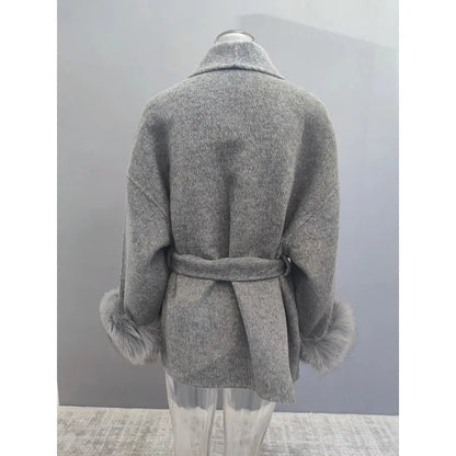 Elegant Wool Blend Coat for Women – Fur Patchwork Long Office Overcoat 2025 Fashion