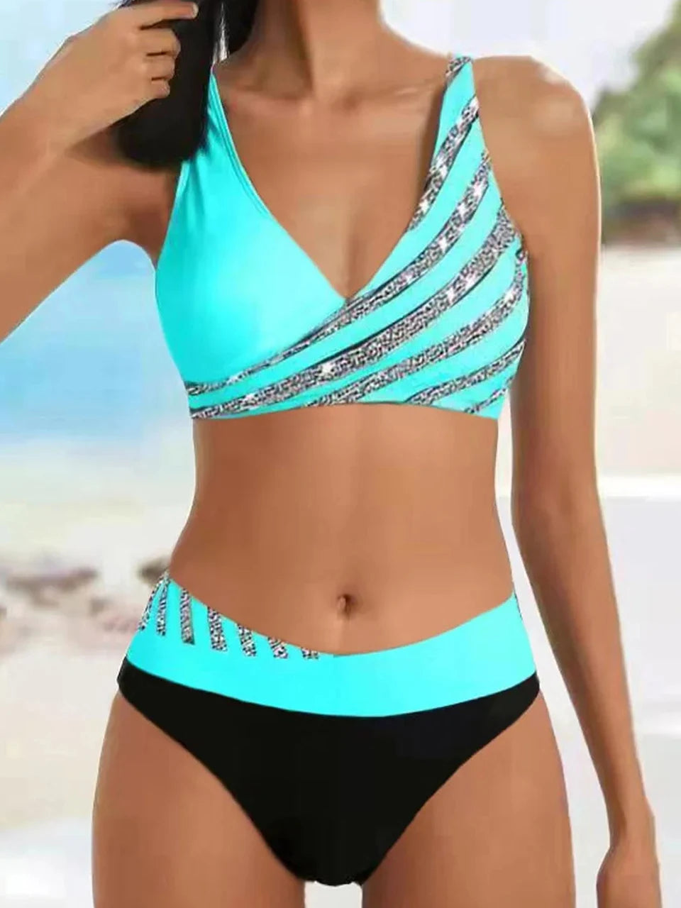 Black and Silver Glitter Striped Bikini Aesthetic
