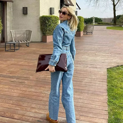 Denim Jumpsuit: Long Sleeve Elegant Women's Jean Overalls