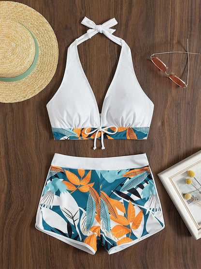 3 Pieces Flower Design Halter Bathing Suit Set