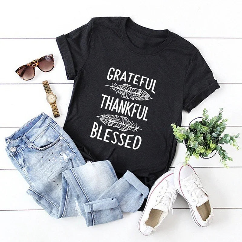 Grateful Thankful Blessed Feather Print T Shirt Womens Short Sleeve O Neck Loose Fit Casual Tee Inspirational Graphic Ladies Top