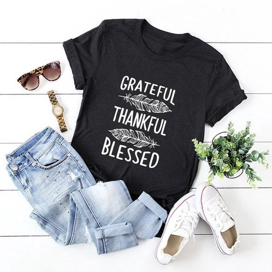 Grateful Thankful Blessed Feather Print T Shirt Womens Short Sleeve O Neck Loose Fit Casual Tee Inspirational Graphic Ladies Top