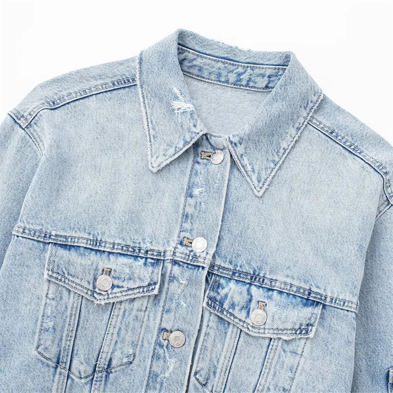 High Street Style Woman Casual Blue Cropped Denim Jacket