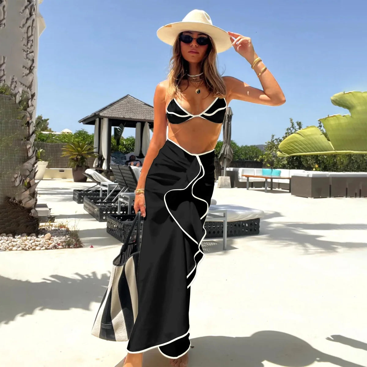 Cream and Black Contrast Trim Bikini with Matching Skirt and Tote Bag Aesthetic