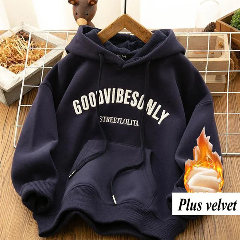 Womens Thick Warm Harajuku Hoodie Letter Print Velvet Sweatshirt With Pockets