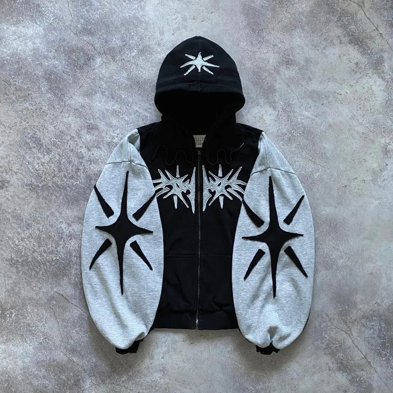 Vintage Gothic Embroidered Zip Up Hoodie Y2k Harajuku Punk Rock Aesthetic