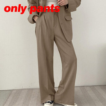 Casual Solid Blazer Suit Women High Waist Straight Pants Office Outfits