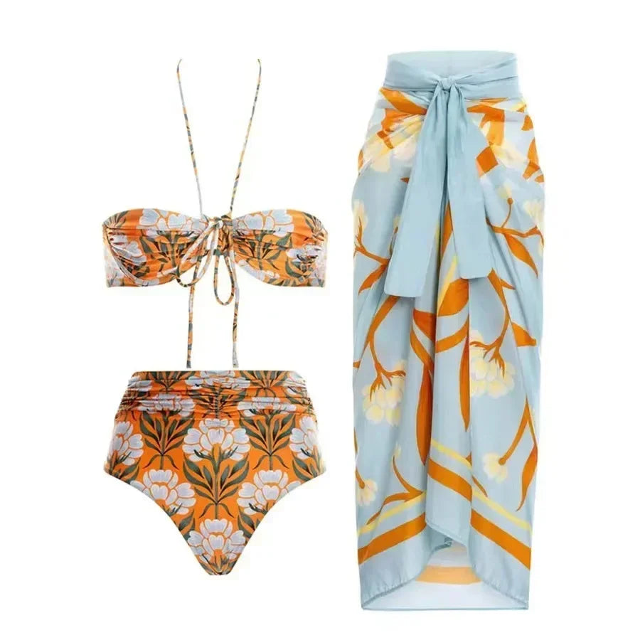 Vintage Floral Cut-Out Halter One Piece Swimsuit Aesthetic
