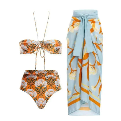 Vintage Floral Cut-Out Halter One Piece Swimsuit Aesthetic