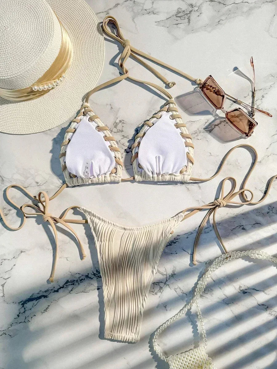 Wrinkled Weave Edge Two Piece Halter Bikini