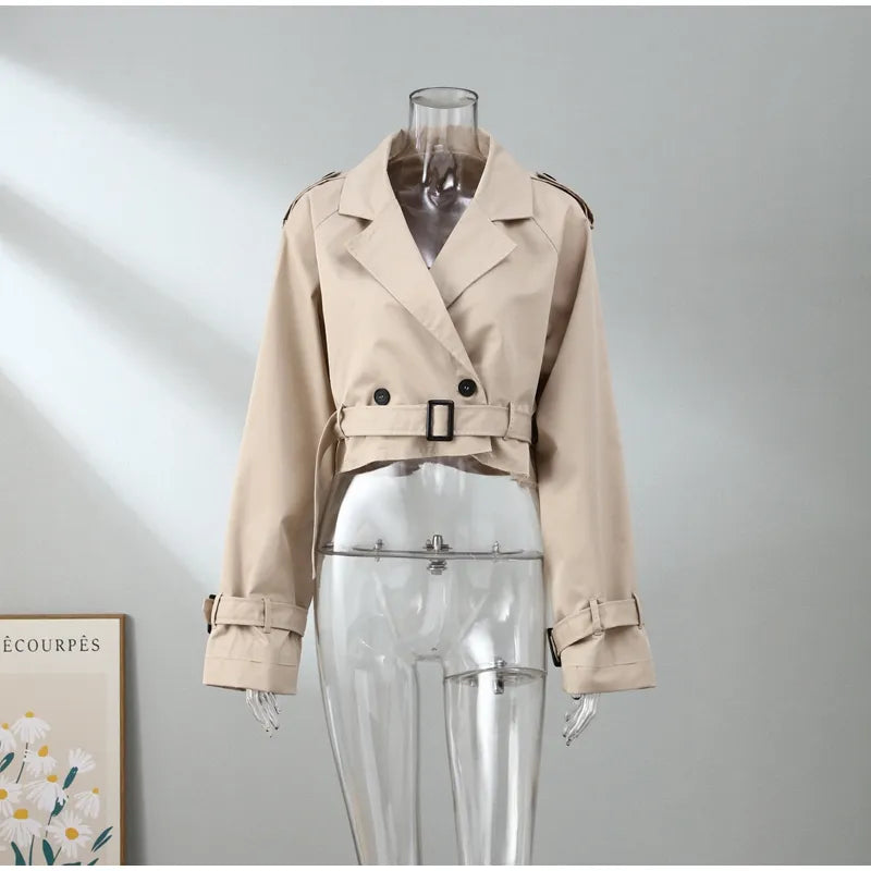 Long Sleeve Crop Top Belted Design Women Spring Denim Jackets