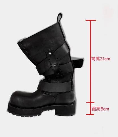 Womens Knee High Buckle Strap Boots Retro Pu Leather Rivet Thick Heel Motorcycle Boots