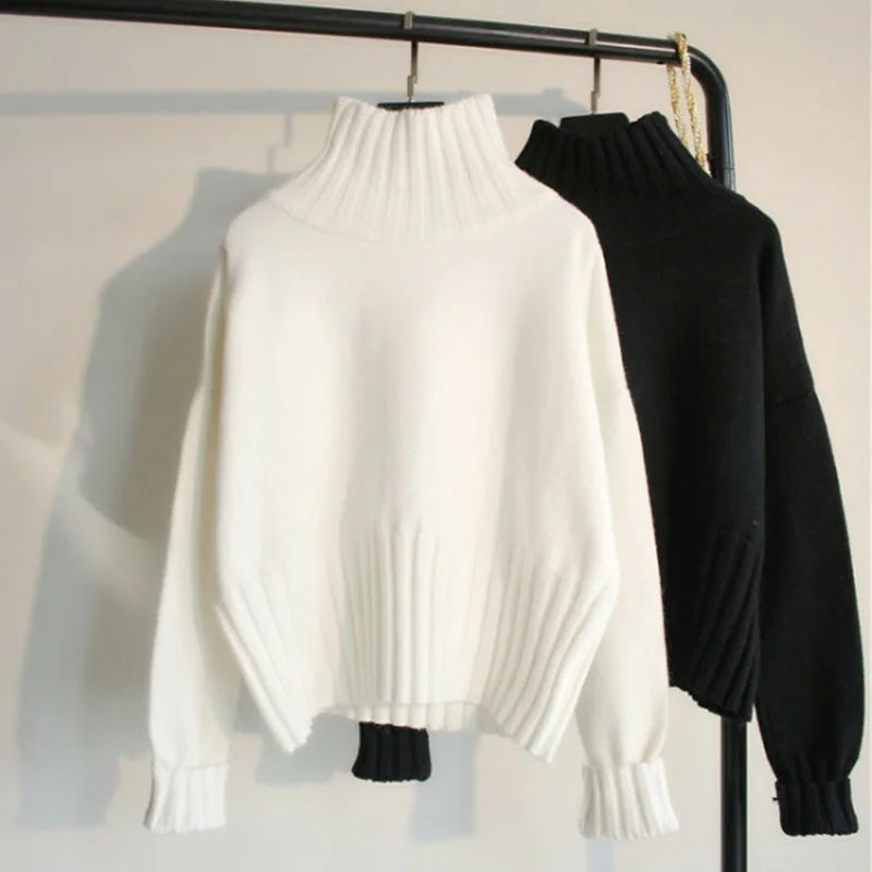 2025 Women S Turtleneck Knitted Sweater Solid Color Full Sleeve Thick Splice Jumper Casual Autumn Winter Pullover