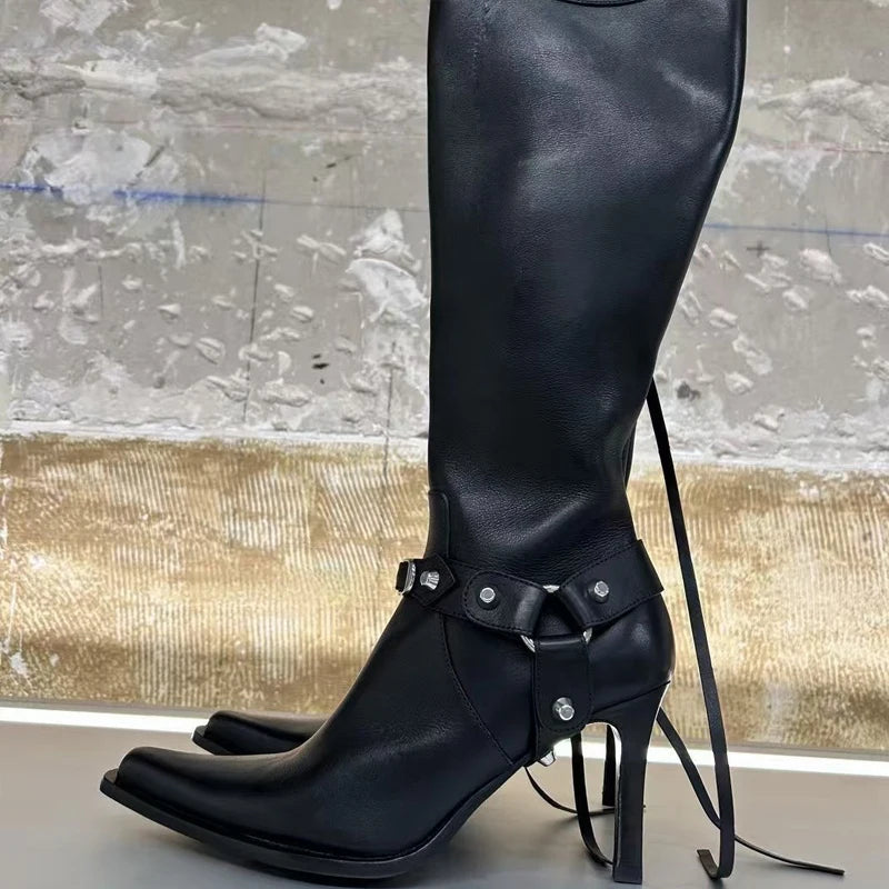 Metal Rivet Buckle Women Gothic Black Knee High Boots