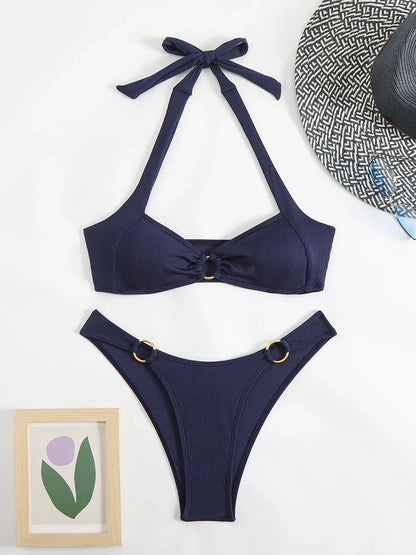 Chocolate Brown Ribbed Gold Ring Detail Halter Bikini Aesthetic