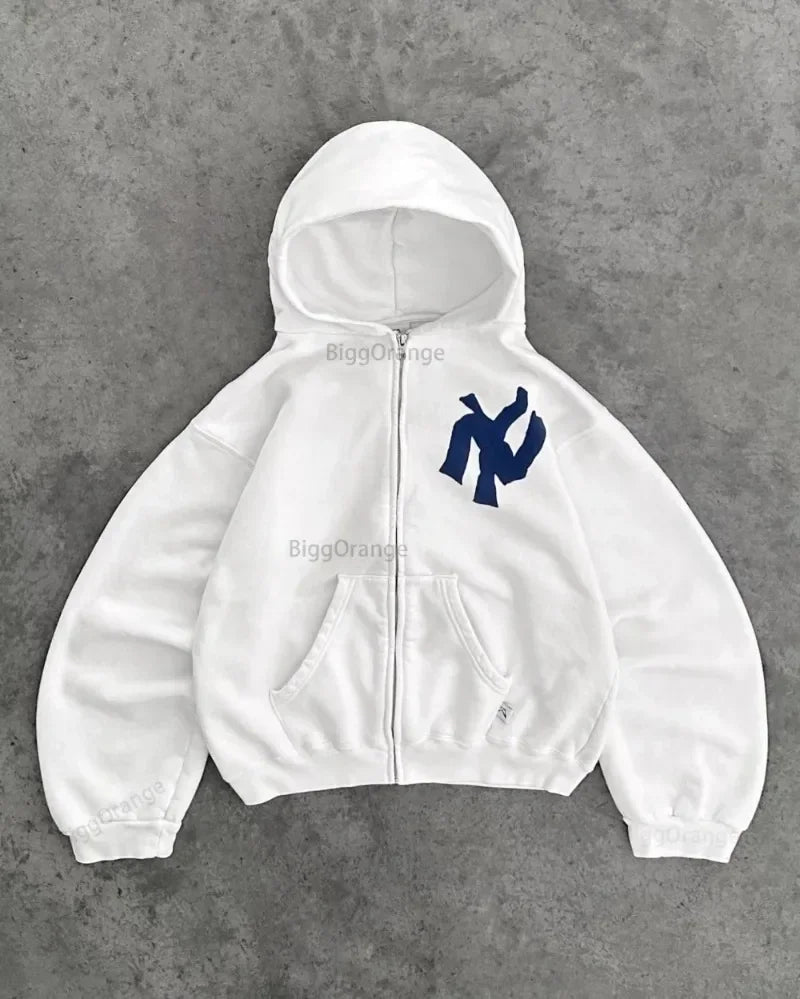 New Y2k Letter Print Zip Up Hoodie Streetwear Oversized Sweatshirt For Men Women