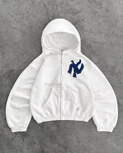 New Y2k Letter Print Zip Up Hoodie Streetwear Oversized Sweatshirt For Men Women