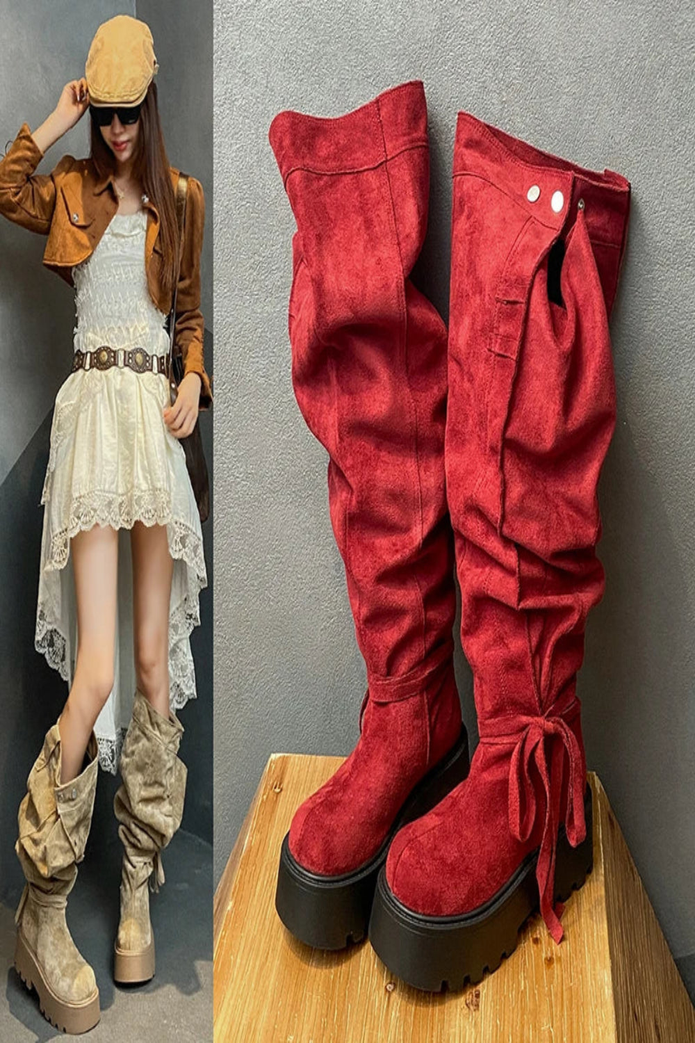 Red suede knee-high boots on a wooden block with a gray background, and a woman wearing beige knee-high boots.