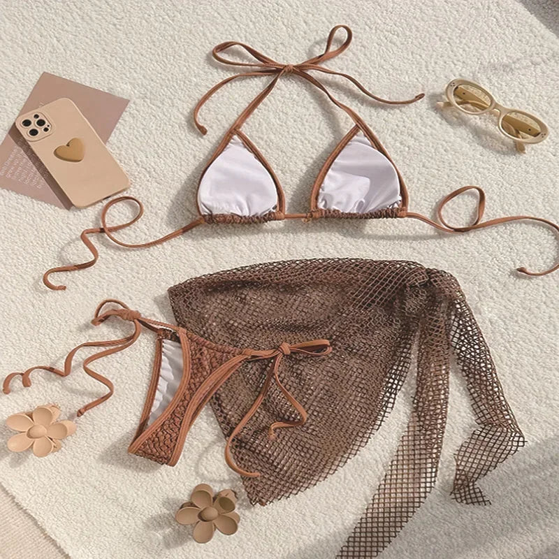 Chic Brown Mesh Bikini and Sarong Set for the Ultimate Coastal Aesthetic