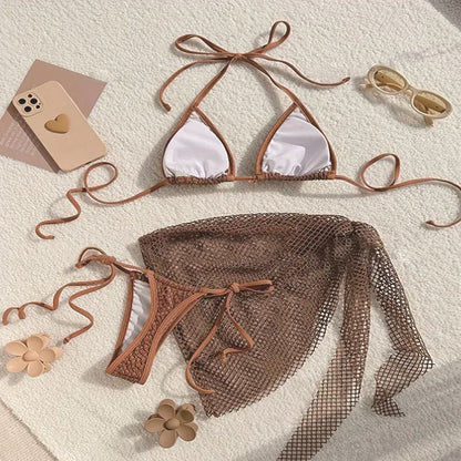 Chic Brown Mesh Bikini and Sarong Set for the Ultimate Coastal Aesthetic